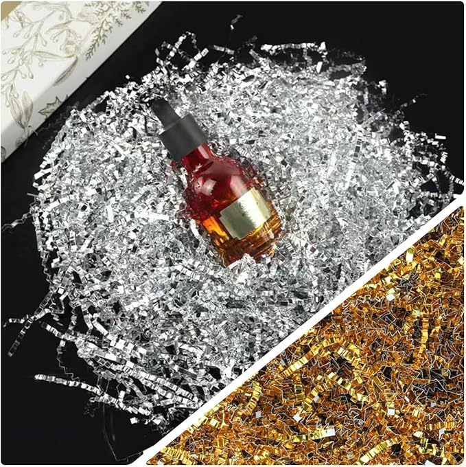 TANMWZK Crinkle Cut Paper Shred Filler 8 oz (1/2 lb) Gift Wrapping & Gift Basket Filler for Christmas,Halloween & Wedding Decorations,Easter Basket Grass Filler,Crafting Activities (Silver)