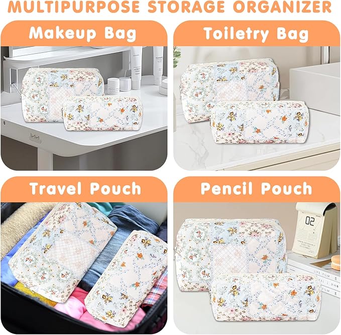 URSKYTOUS 2Pcs Cotton Quilted Makeup Bag for Women Girls Coquette Small Floral Cosmetic Bags Cute Zipper Pencil Pouch Aesthetic Makeup Pouch Trendy Cloth Bee&Flower Travel Toiletry Skincare Bag