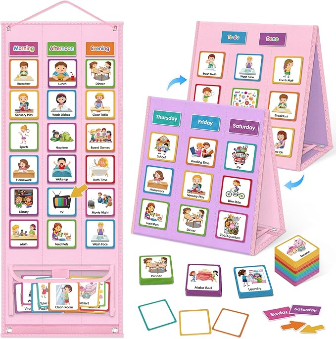 Large Visual Schedule for Kids Chore Reward Chart,Bedtime Routine Chart for Toddlers,Double Side Schedule Board with 109 Cards for Home School Planner,Autism Learning Materials (Pink)