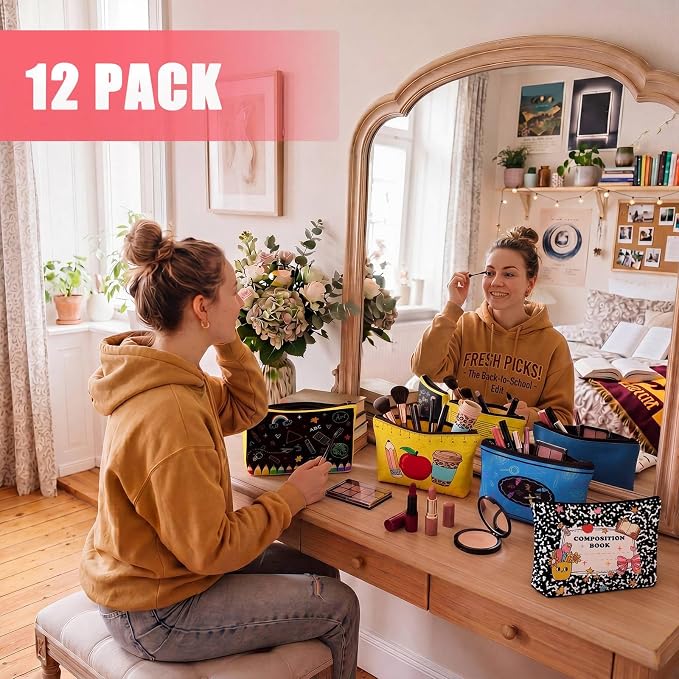 Reginary 12 Pcs Back to School Gifts Makeup Bags, School Bus & Pencil Print Bulk Cosmetic Pouches, Teacher Appreciation Zipper Pouch for Women, Classroom & Travel Supplies