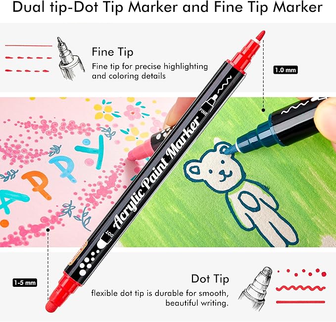 Shuttle Art 36 Colors Dual Tip Acrylic Paint Markers, Dot Tip and Fine Tip Acrylic Paint Pens for Rock, Ceramic, Wood, Canvas, Plastic, Glass, Stone, Calligraphy, Card Making, DIY Crafts
