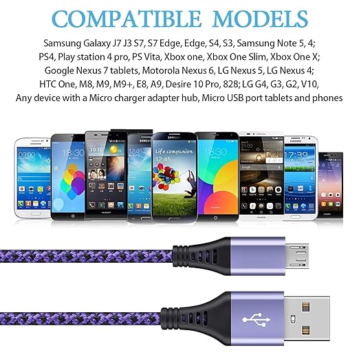 Micro USB Cables [4Pack/6Ft] AILKIN Android USB 2.0A Male to Micro B Charger Cord, Fast Charging Speed Data Wire Nylon Colored Braided Powerline Cable for Samsung Galaxy S7 S6 J7 J3 J8 A01 Kindle Fire