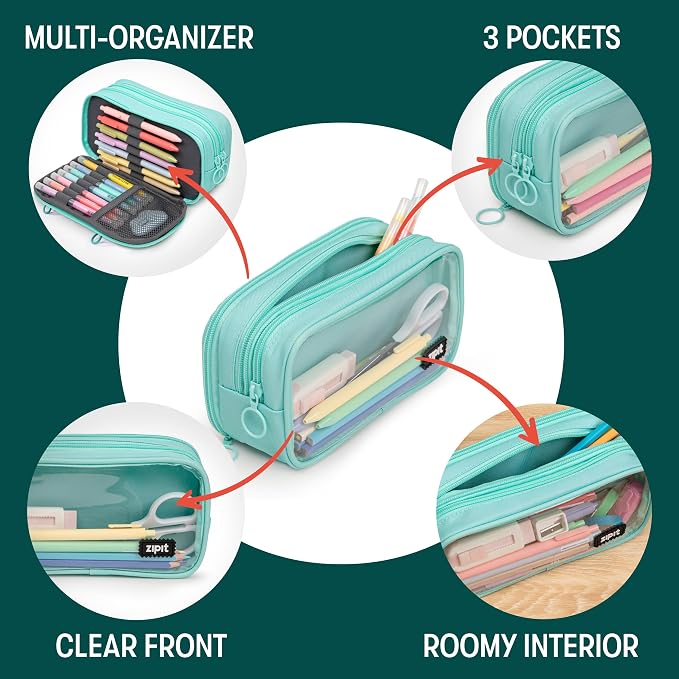 ZIPIT Half & Half Pencil Case, 3-Compartment Zipper Pouch for Girls, Mint | Clear-front pencil case for school, dedicated organizer panels, holds up to 70 pens & pencils, durable easy-care polyester