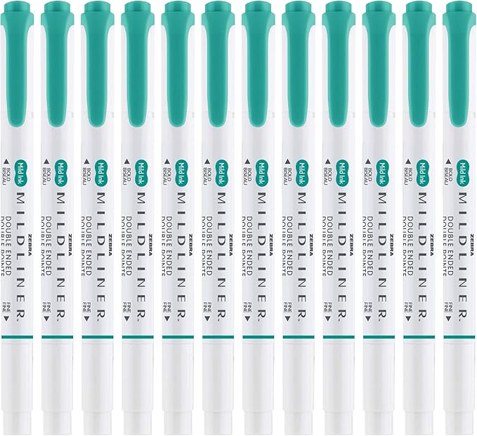Zebra Pen Mildliner Dual-Tip Highlighters, Broad and Fine Tips, Ideal for Bible Highlighting, No Bleed, School Supplies, Teacher Supplies and Office Supplies, Mild Summer Green Ink, 12-Pack (78440upc)