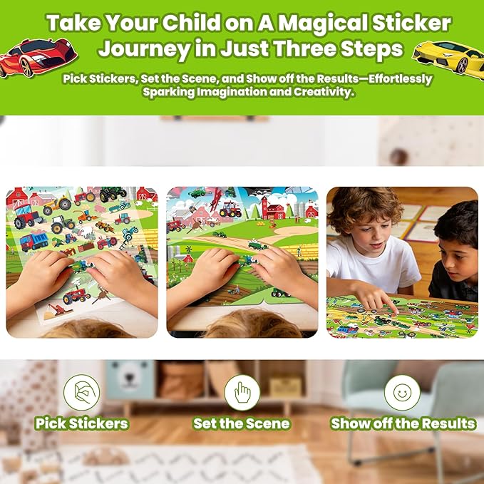 Elfew 6 Pack Car Sticker Books for Toddlers 2-4, Reusable 3D Puffy Vehicle Stickers for Boys 3-5, Construction Trucks Racing Mess Free Activity Set - Road Trip Essentials Birthday Gift