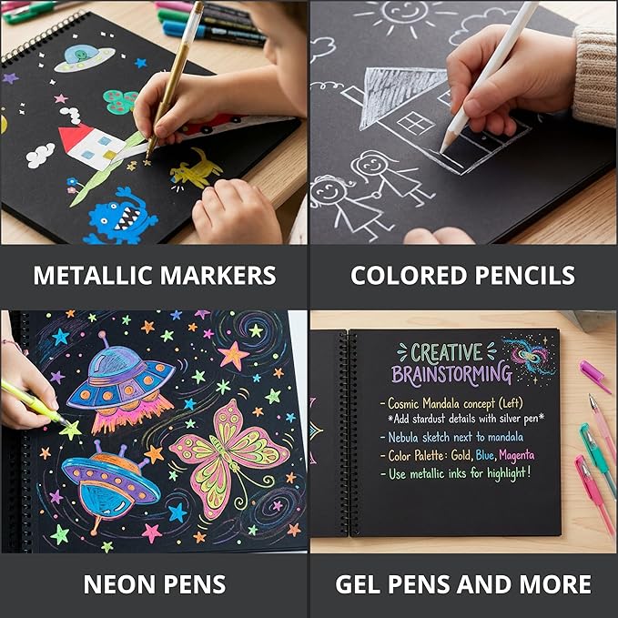 Roaring Spring Black Paper Sketch Book 9" x 9" – 25 Sheets, 70 lb. Heavyweight Pages, Top Spiral Bound, Perforated Acid-Free Drawing Pad for Gel Pens, Metallic Markers, Colored Pencils & Art Projects