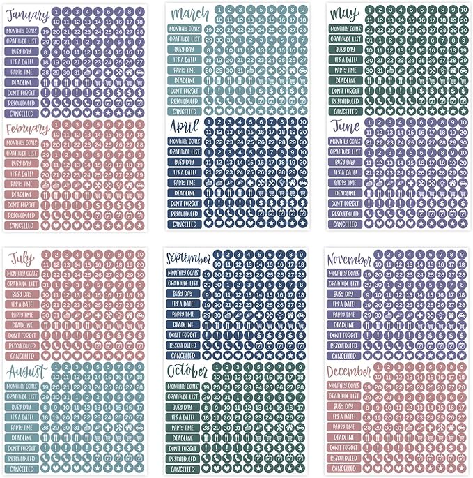 bloom daily planners Calendar Essentials Planner Stickers - Color Coordinating Monthly Headings, Dates, Icons, Etc. - 8 Sheets, 1629 Stickers Per Pack! - Jewel Tones