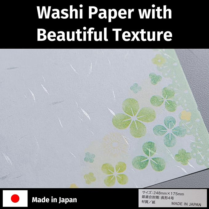 Iyo Washi Printable Stationery Paper 15 Sheets (9.7 x 6.9 inch) Made in Japan, Green Leaf Stationery Paper Japanese Paper, Inkjet Printer, for St. Patrick's Day Letter Writing, Greeting Card