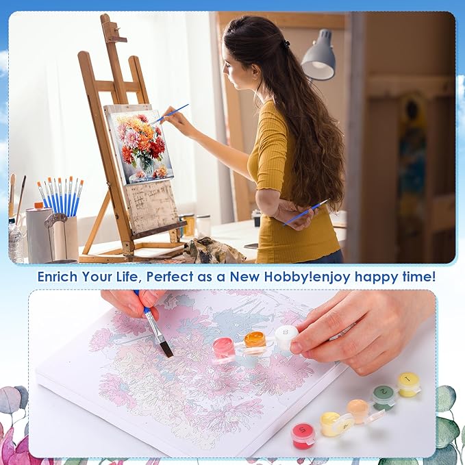 RoundFunny 8 Set Paint by Numbers Kit for Adults with 8x8 Inch Mini Simple Painting Canvas Wooden Frame Easel Acrylic Paints Brushes Funny Numbers Drawing Kit for Gift Home Wall Decor(Vibrant Blooms)