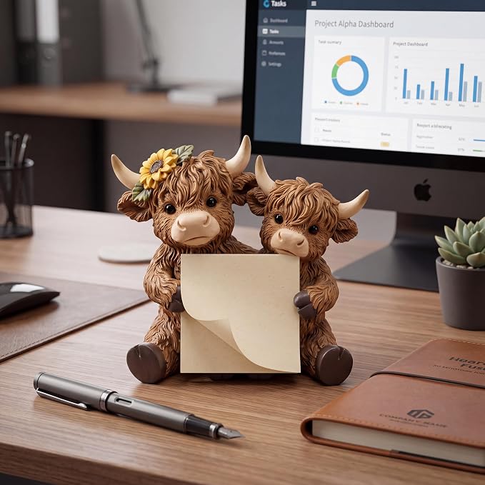 Highland Cow Pop up Sticky Dispenser Resin Sticky Note Holder Include 1 Pad of Pop up Notes 3x3 Inch 100 Sheets, Cute Highland Cow Note Holder for Back to School Office Desk Supplies