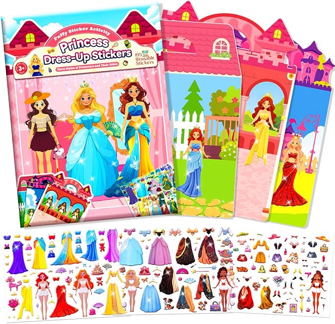 3D Reusable Puffy Sticker Activity Books, 190+ Fun Craft Princess Stickers for Kids, Car Travel Activities Essential, Screen-Free, Christmas Birthday Gifts for 3+ Year Old Girls