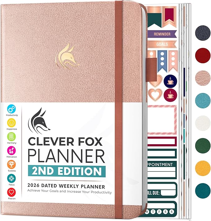 Clever Fox Planner 2nd Edition Dated Jan 2026-Jan 2027 – Colorful Weekly & Monthly Goal Setting Planner, Habit Trackers, Time Management and Productivity Organizer, Gratitude Journal, A5 (Rose Gold)