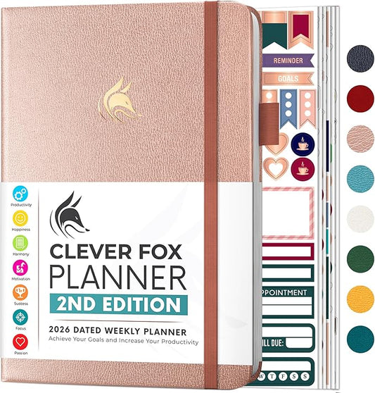 Clever Fox Planner 2nd Edition Dated Jan 2026-Jan 2027 – Colorful Weekly & Monthly Goal Setting Planner, Habit Trackers, Time Management and Productivity Organizer, Gratitude Journal, A5 (Rose Gold)