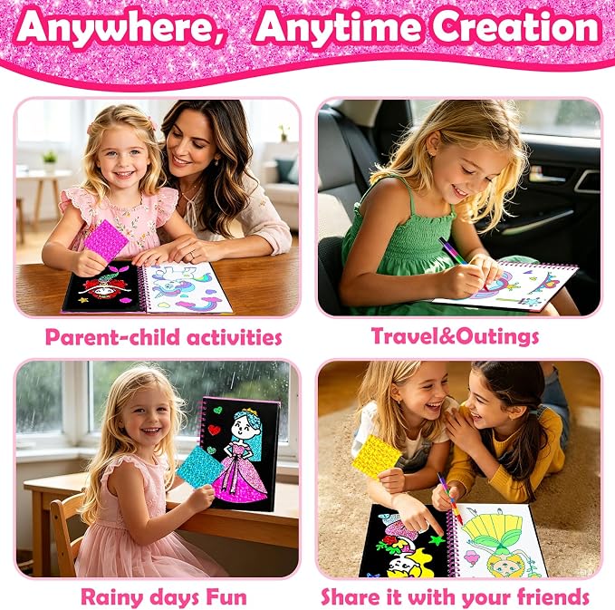 FUNNYB&G Foil Art Craft Kit for Girls 4-10 Years Old: Mess-Free & No-Glue, Create 16 Sparkly Princess Unicorn Pictures – Perfect Travel Toy & Birthday Gift for Kids (Princess)