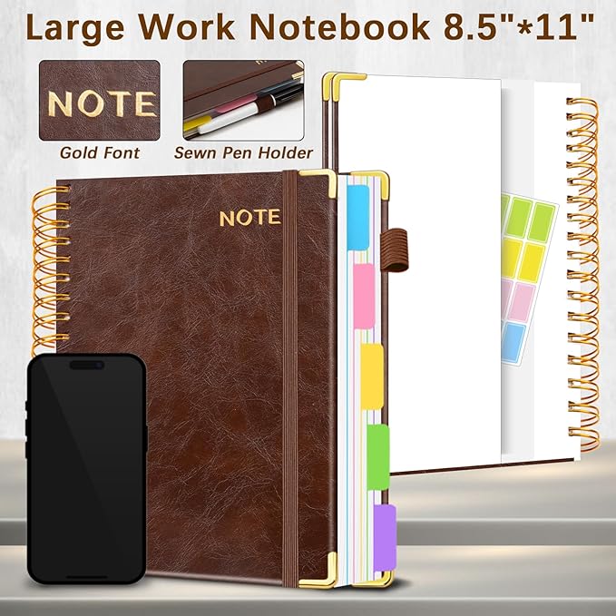 Hardcover Spiral Notebooks for Work 8.5''x 11'', 300 Pages 5 Subject Notebook with Dividers & Tabs, A4 Spiral Journal for Women, College Ruled Notebooks for School Note-Taking (Dark Brown)