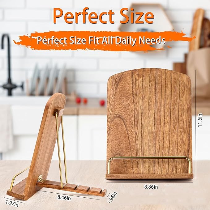 Wooden Cookbook Stand for Kitchen Countertop: Folding Wood Recipe Holder, Ergonomic Reading Stand for Large Hardcover Books and iPad, Ideal Gift for Mom and Grandma, Stable Non-Slip Desktop Bookrest