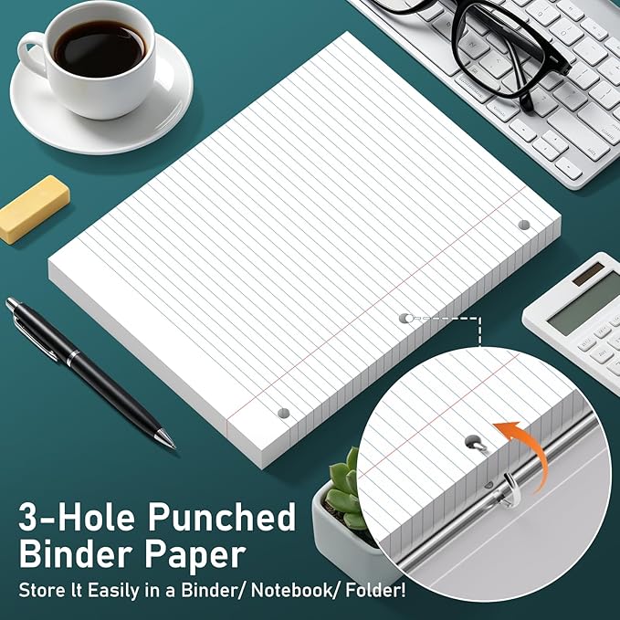 6 Pack Loose Leaf Paper, 120 Sheets Notebook Lined Pads, 8 x 10.5 College Ruled Filler Paper, 3-Hole Punched, White Loose Leaf Notebook Paper for 3 Ring Binders, for Home & Office, School Supplies