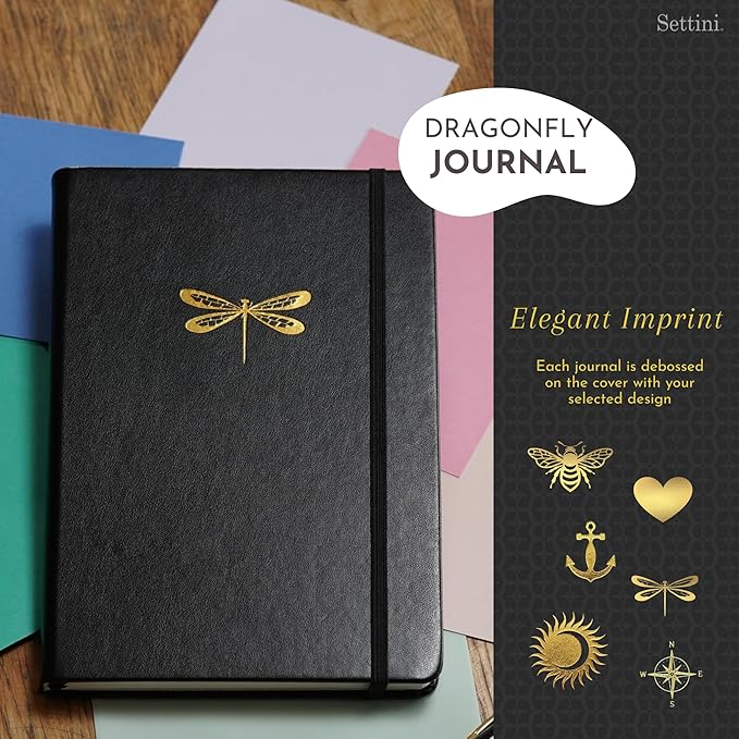 SETTINI Dotted Journal, Ideal for Bullet Journaling - A5 Vegan Leather Notebook, 192 Archival-Quality Pages, QuillEase Bleed-Free Paper, Inner Pocket & Bookmark - Dragonfly Gifts for Women, Black Dragonfly