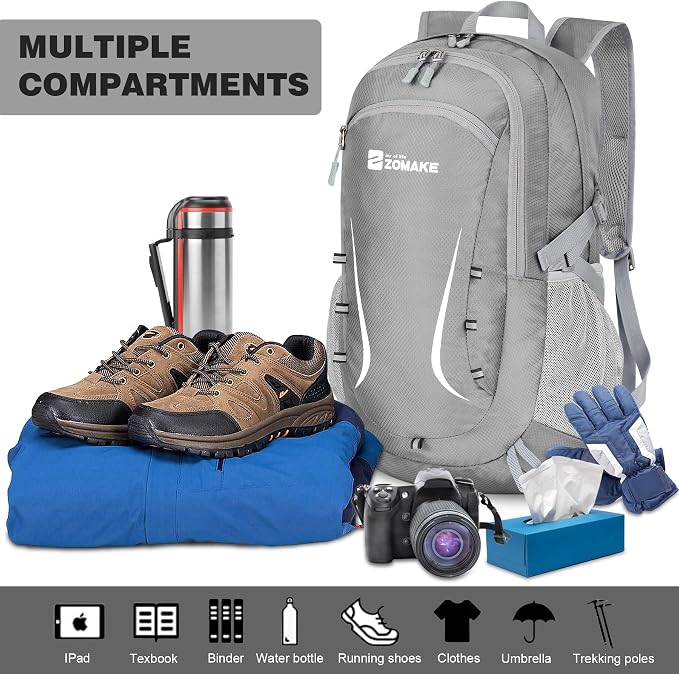 ZOMAKE Lightweight Packable Backpack 35L, Foldable Backpacks Water Resistant Collapsible Light Daypack for Hiking(Silver Grey) | Light Hiking Backpacks Water Resistant Collapsible Day Pack for Travel, Everyday Carry, Multi-Pocket Layout, Heavy Duty Nylon