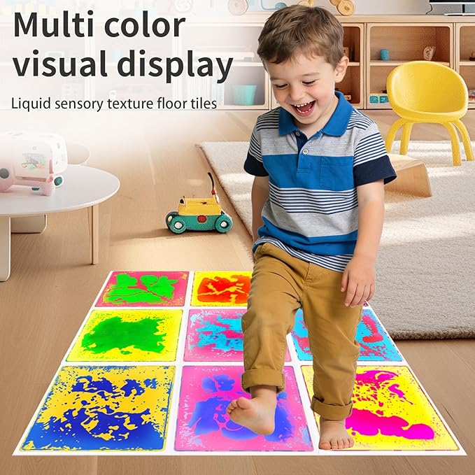 Liquid Sensory Floor Tiles for Kids: 12x12 Inch Active Play Mats for Kids Non-Toxic Leakproof - Non-Slip 9 Color-Changing Pads Stress Relief & Motor Skills Toys