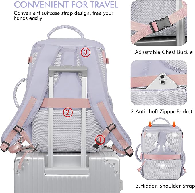 Beraliy Travel Backpack for Women, TSA Carry On Backpack Airline Approved | 16 Inch Laptop Waterproof Hiking Backpack, Casual Outdoor Daypack Bag for College Weenkender Business, Purple