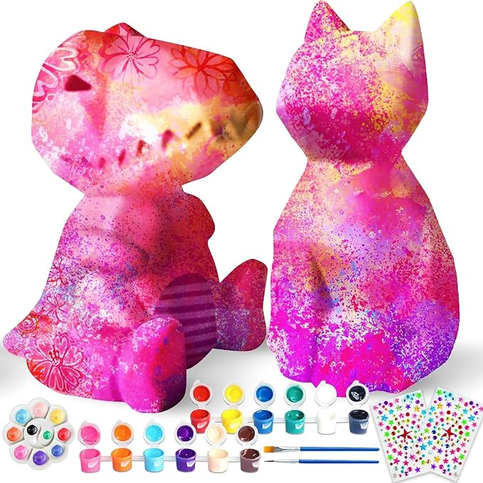 Goody King Paint Your Own Cat & Dinosaur Lamp Kit, 3PCS DIY Night Light, Arts & Crafts for Kids Ages 8-12, Art Supplies Painting Kit for Kids 6-12, Art Supplies Craft Birthday Gifts for Kids Ages 3+