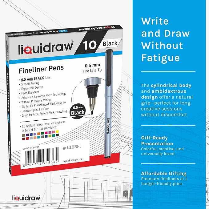 Liquidraw Black Colored Fineliner Pens, Fine 0.5mm Tip, Set of 10