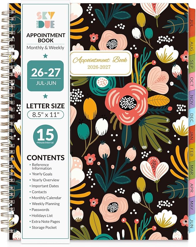 SKYDUE Appointment Book 2026-2027, Academic Hourly Planner from July 2026 - June 2027, 8.5" x 11" Weekly & Monthly Schedule Planner with 15-Minute Interval- Perfect for Daily Planning Black Flower