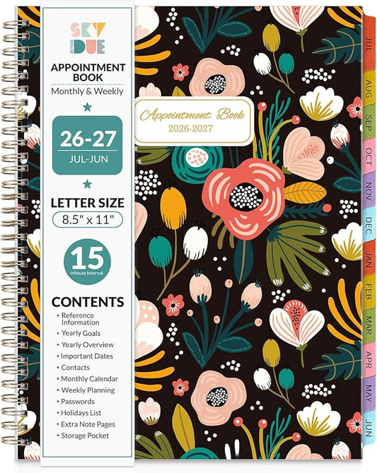 SKYDUE Appointment Book 2026-2027, Academic Hourly Planner from July 2026 - June 2027, 8.5" x 11" Weekly & Monthly Schedule Planner with 15-Minute Interval- Perfect for Daily Planning Black Flower