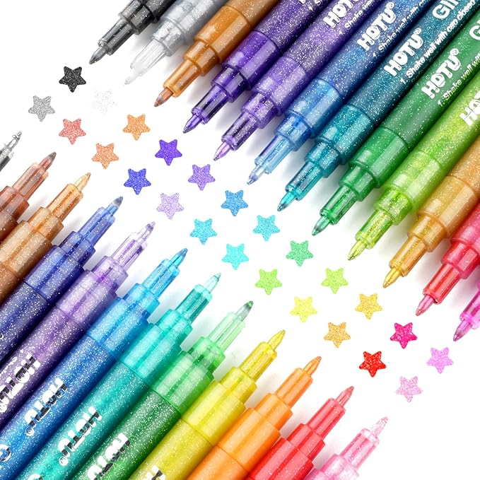 HOTU Glitter Markers Pen: 24 Sparkly Colors Metallic Marker 0.7mm Extral Fine Tip Acrylic Glitter Paint Pens for Rock Painting, Ceramic, Glass, Wood, Fabric, Scrapbooking, DIY Craft Making