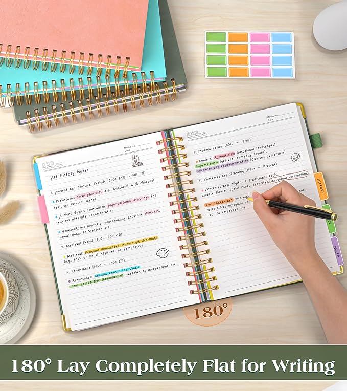 Spiral Notebook Journal with Removable Dividers Tabs, 300 Pages Hardcover Leather 5 Subject College Ruled Notebook, 8"x10" Large B5 Lined Journal for Women Men, Spiral Notebooks for Work School, Green