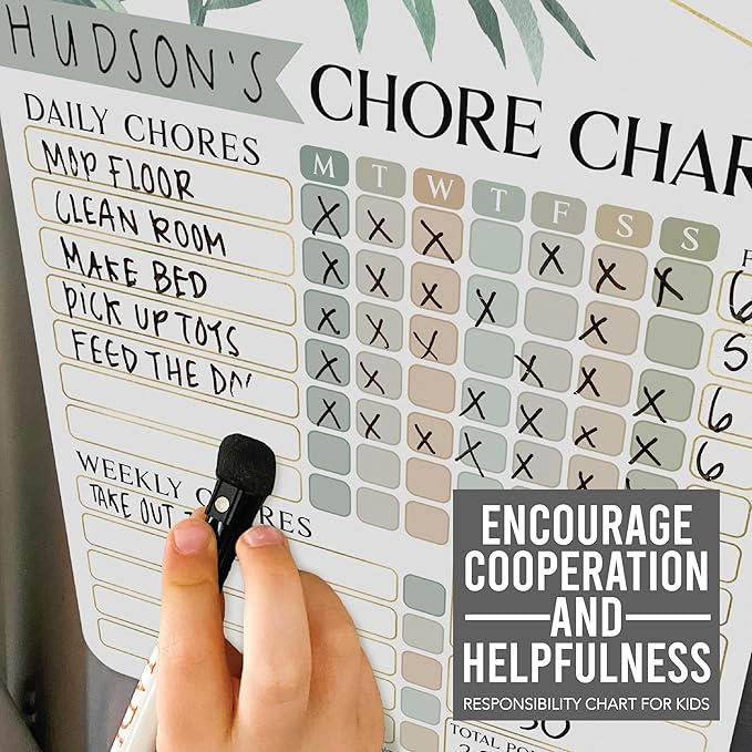 Hadley Designs Magnetic Chore Chart for Kids Multiple Kids – Dry Erase Chores Chart for Adults and Teens, Responsibility Task List for Family, Fridge Task Board Tracker at Home, Greenery Chore Board