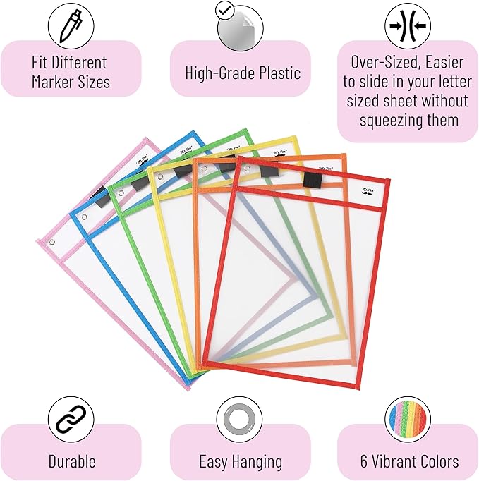 Mr. Pen- Reusable Dry Erase Pocket Sleeves, 10" x 14", 6 Pack, Colorful, Clear Plastic Paper Sleeves, Ticket Holders, Clear Plastic Sheet Protectors, Teacher, School, Classroom Supplies