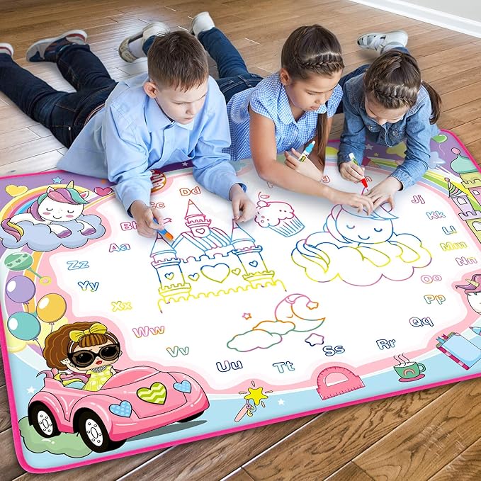Water Doodle Mat- Kids Painting Writing Doodle Board Toy - Color Drawing Mat Bring Magic Pens Educational Toys for Age 2 3 4 5 6 7 8 9 Year Old Girls Boys Toddler Present