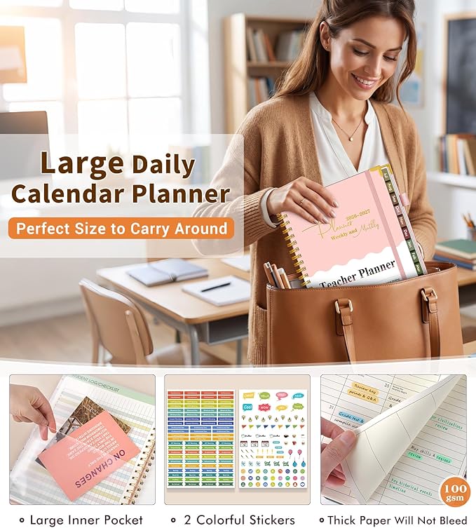 Teacher Planner 2026-2027, July 2026 - June 2027, Academic Weekly & Monthly Calendar Planner with Tabs, 8.5" x 11" A4 Teacher Lesson Plan Book with 7 Periods, Daily Agenda School Organizer for Teacher Student Homeschool, Pink