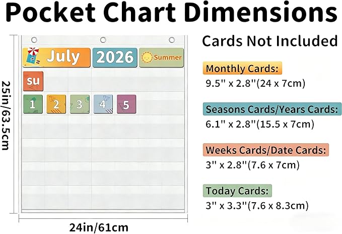Yoink Classroom Calendar Pocket Chart with 45 Clear Pockets - Blank Monthly Calendar Chart for School, Teacher Essentials, No Cards Included(White)