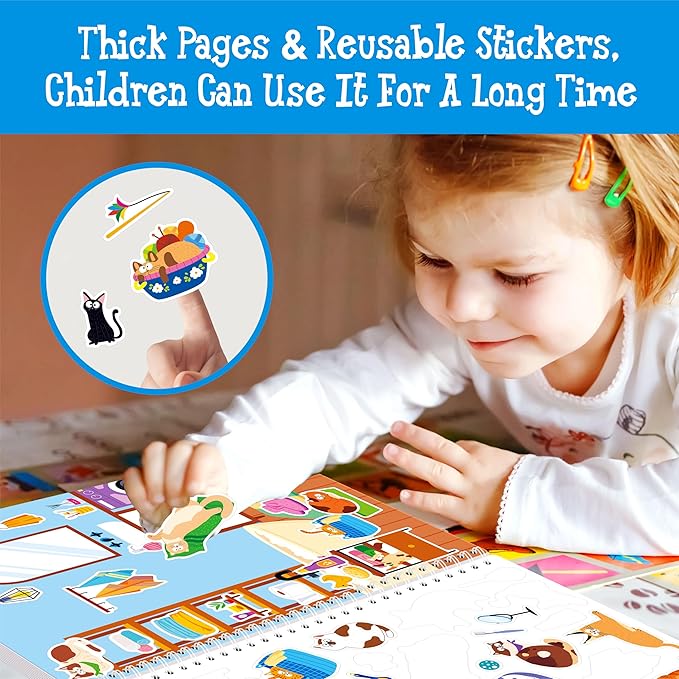 Cat Sticker Activity Book, 450 Reusable Stickers, 10 Dry-Erase Scenes & 10 Coloring Pages, Cat-Themed Activity Book, Educational Hands-on Travel Game - Great for Kids, Adults, Boys & Girls