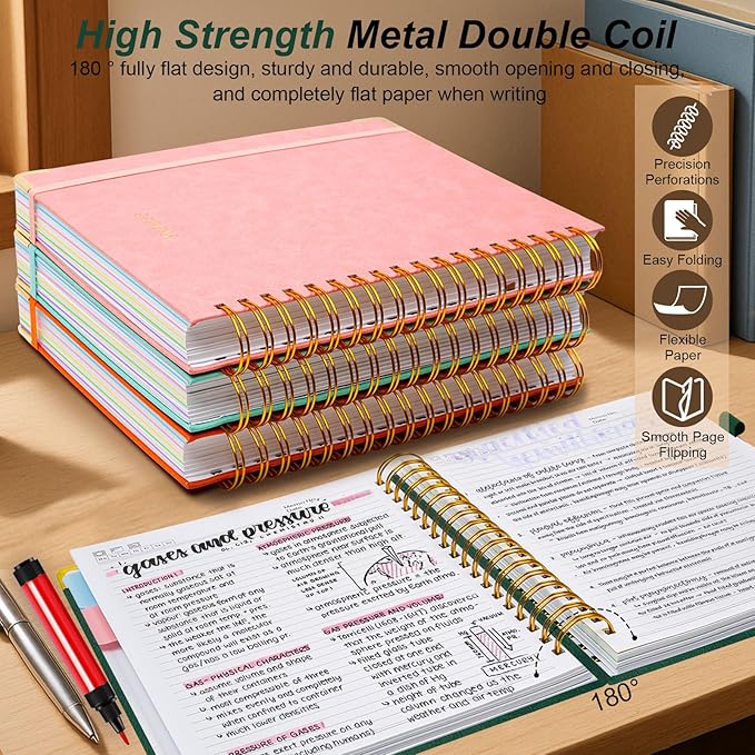 Hardcover Spiral Notebook 8.5"x11" Journal Notebook with Tabs and Removable Dividers 300 Pages 5 Subject Notebook College Ruled, Faux Leather Spiral Bound Notebook for Women School Work(Green)