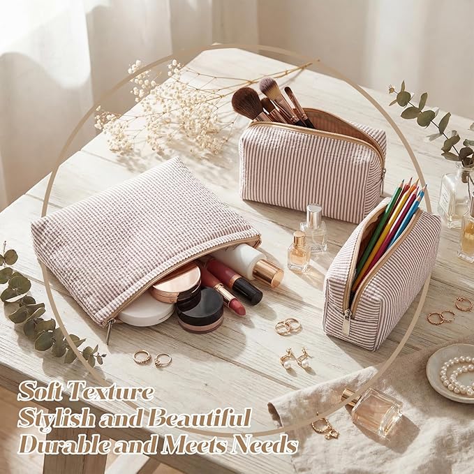 Huhumy 3 Pcs Makeup Bag Set Cute Stripe Cosmetic Pouch for Women Aesthetic Seersucker Travel Toiletry Bag Set Preppy Small Makeup Purse Pouch Cosmetic Organizer Pencil Case with Zipper(Khaki)