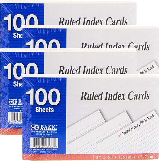 BAZIC Products Ruled Index Cards, 3" x 5", 100-Count, 4-Pack