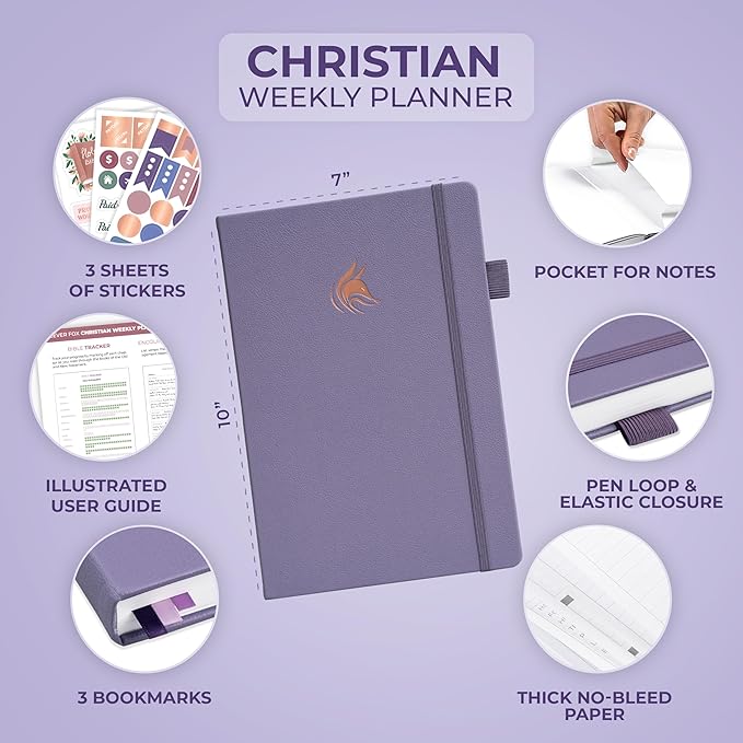 Clever Fox Christian Hourly Weekly Planner – Goal Setting Planner with Time Slots, Monthly Budget, Sermon Notes, Bible Reading Tracker (Lavender)
