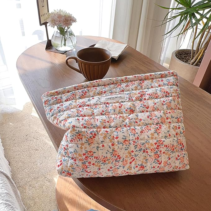 Sminra Floral Makeup Bag Large Cotton Quilted Cosmetic Makeup Bag Organizer, Aesthetic Portable Pouch Purse Toiletry Bag for Women Girls Travel accessories (Red Floral-L)