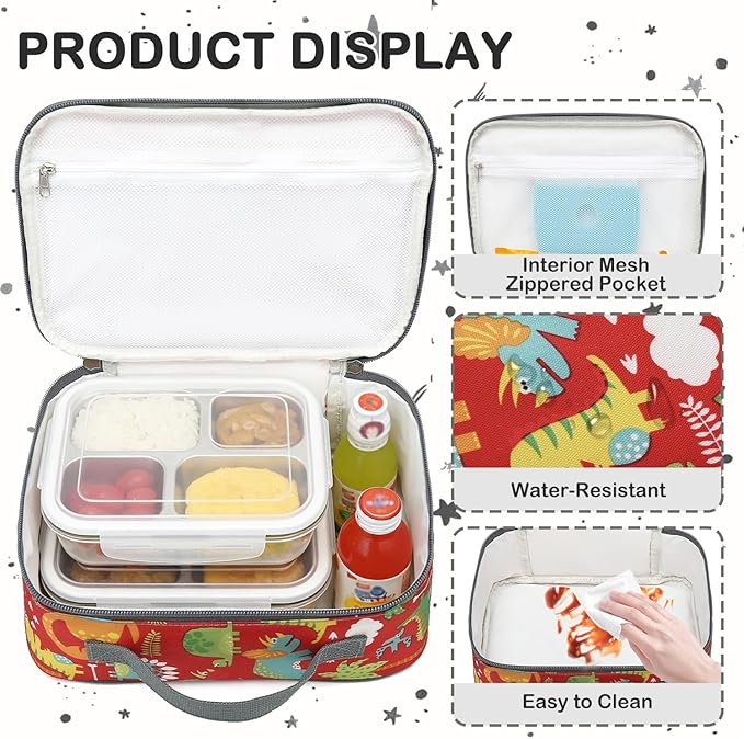 FlowFly Kids Lunch box Insulated Soft Bag Mini Cooler Back to School Thermal Meal Tote Kit for Girls, Boys,Dinosaur&Coconut