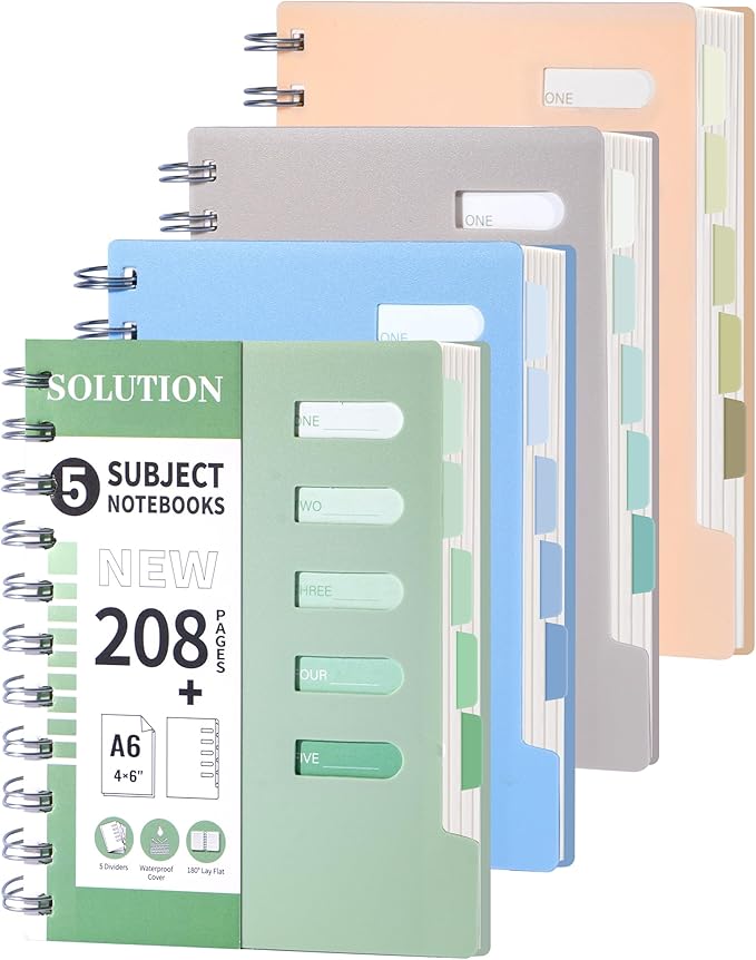 FLYING EAGLE 4 PCS Pocket Spiral Notebooks Cute 5 Subject Notebook College Ruled with Dividers Tabs Plastic Cover Thick Paper Notebooks for Work School, 4x6 Multicolor