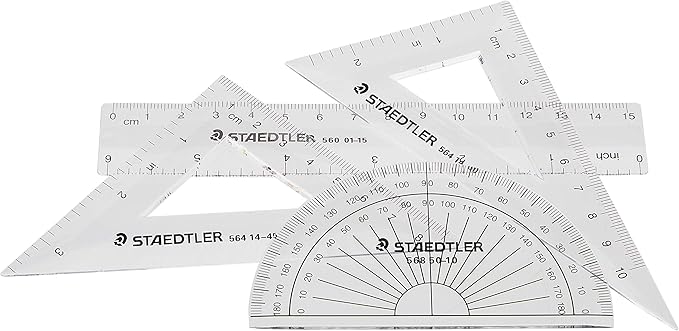 STAEDTLER Math Set - 4 pc Geometry Kit for Students - School Supplies with Clear Protractor, 6in Ruler & 2 Triangles – Metric & Imperial Scales