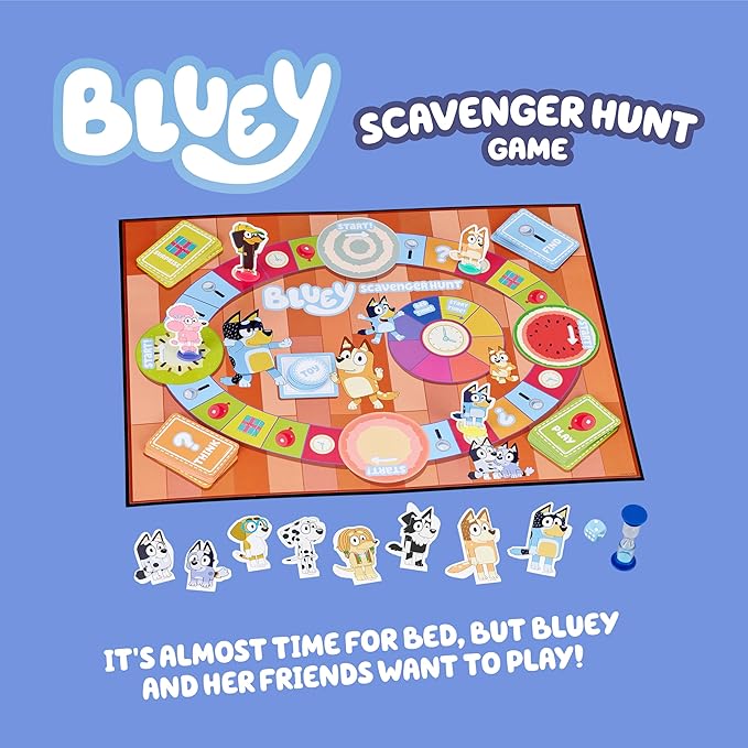 Bluey Scavenger Hunt Board Game, Cooperative Play with 4 Exclusive Mini-Figures, Indoor Games for Kids Ages 5+, Fun Toy Token Collecting Game