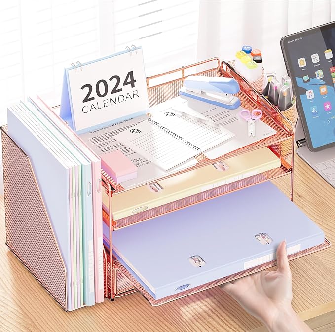 OPNICE Desk Organizers and Accessories, 4-Tier Desktop File Organizer with Drawer and 2 Pen Holders, Office Desk Accessories Workspace Organizers for Office Supplies, Rose Gold