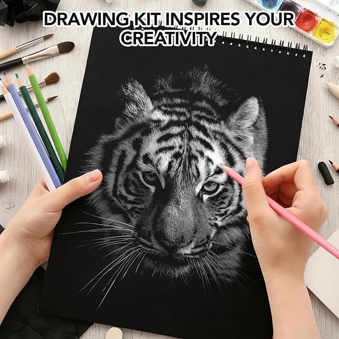 Drawing Sketchbook Kit, Sketch Book with 36 Color Pencils, Three Color Black Sketch Pad, Acid-Free Drawing Pad for Artist, Art Paper Painting Supplies for Gifts (9×12 inch)