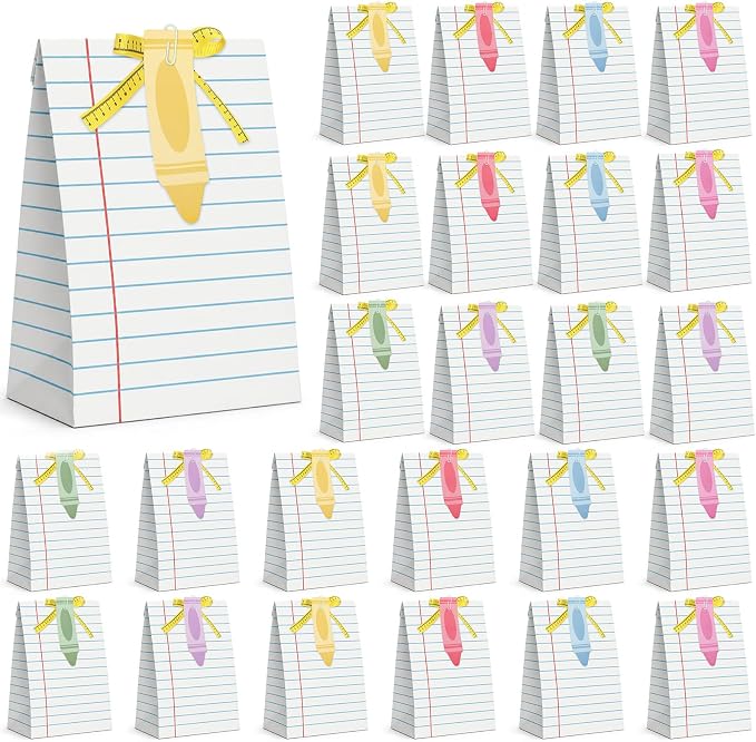Tinlade 24 Sets Back to School Gift Bags for Teacher Students Lined Notebook Bags with Crayon Cards Ruler Ribbon Paper Clip Composition Book Classroom Decor for First Day of School Supplies Gift Wrap
