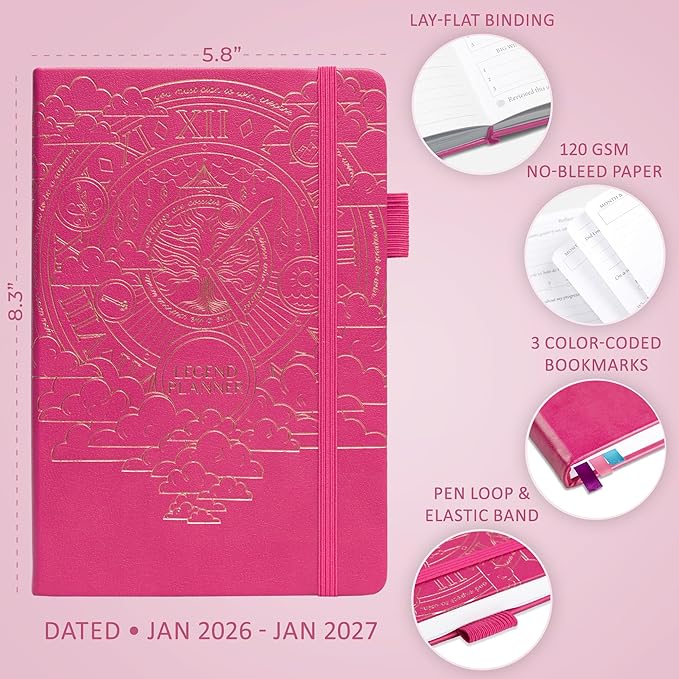 Legend Dated Hourly Weekly Planner 2026 – Daily, Monthly & Yearly Agenda with Time Slots – Hardcover Organizer Journal, 5.8x8.3” (Hot Pink)
